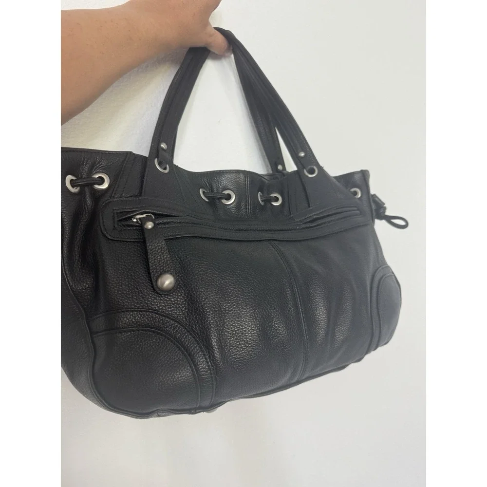Adrienne Vittadini Black Genuine Leather Shoulder Bag Satchel Tote Silver Y2K